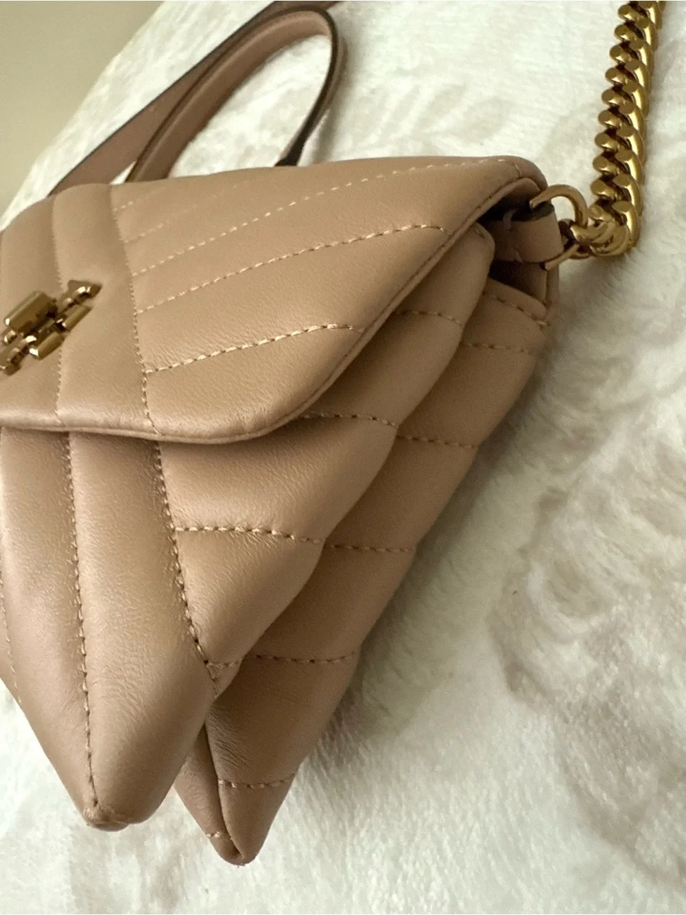 Tory Burch Kira Chevron Leather Small Crossbody Bag Nude with Gold Hardware Logo